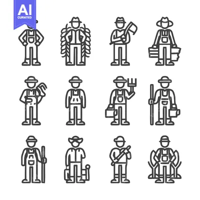 Aset desain premium: Farmers and Agricultural Workers in Various Poses.