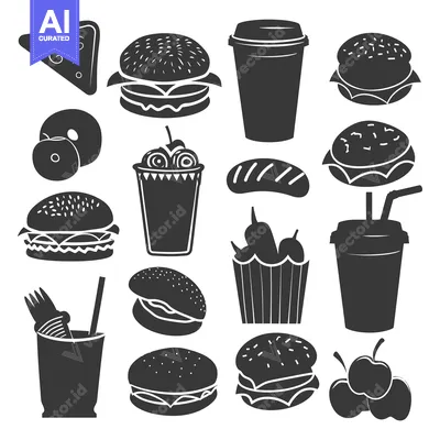 Aset desain premium: Collection of Fast Food Icons in Black and White