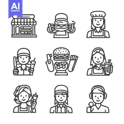 Aset premium populer: Fast Food Restaurant and Staff Icon Set for Business.