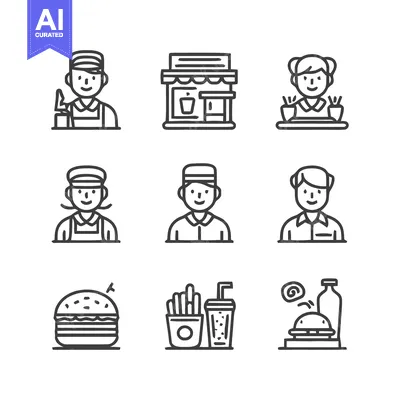Premium design asset: Fast Food Restaurant Icons - A Collection of Line Art Illustrations.