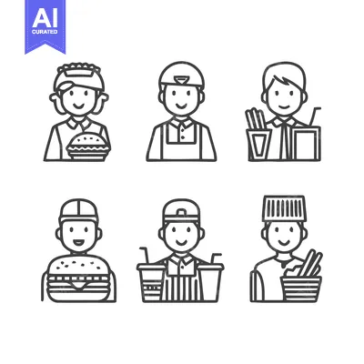 Premium design asset: Fast Food Restaurant Workers - A Diverse Collection of Line Art Illust