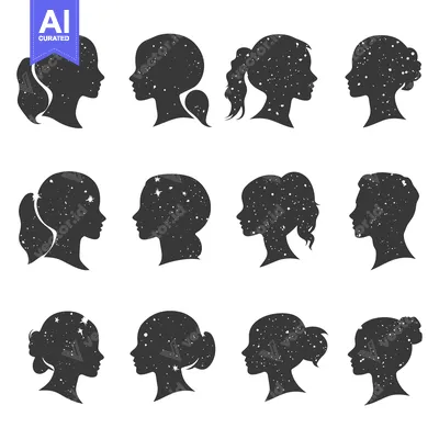 Aset desain premium: Collection of Female Silhouettes Filled with a Starry Night Sky