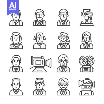 Aset desain premium: Collection of various people icons in a line art style.