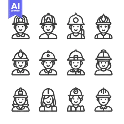 Aset desain premium: Diverse Collection of Firefighters and Construction Workers Icons.