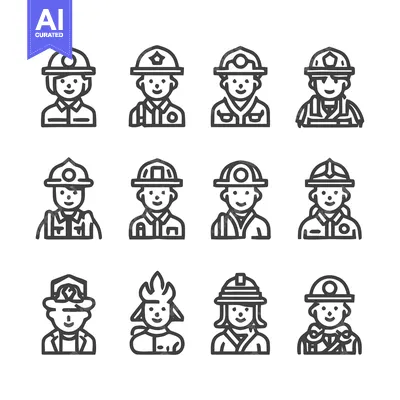 Aset desain premium: Diverse Firefighters and Emergency Personnel Icons in Uniform.