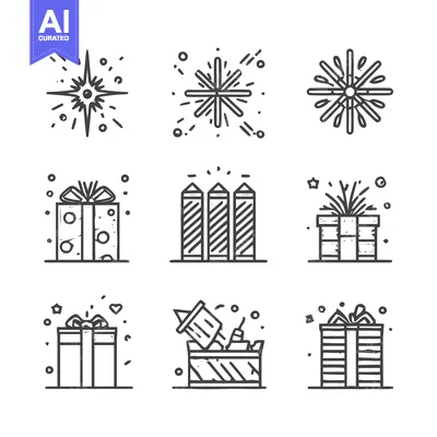 Aset desain premium: Festive Holiday Icons - Presents, Fireworks, and Celebration Elements.
