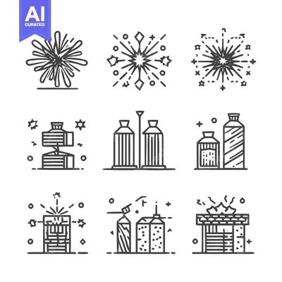Aset premium populer: Fireworks and Celebration Icons - A Festive Vector Set.