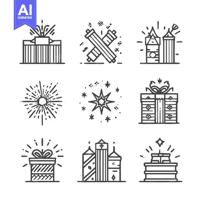 Premium design asset: Festive Celebration Icons - Presents, Fireworks, and Holiday Elements.