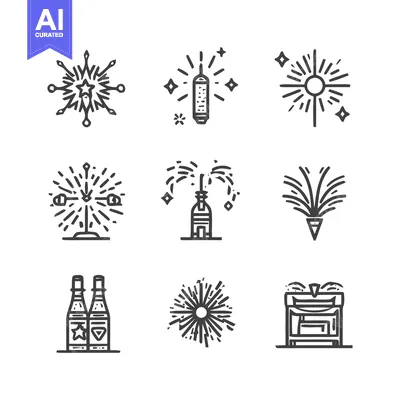 Aset desain premium: Fireworks and Celebration Icons - A Festive Collection.