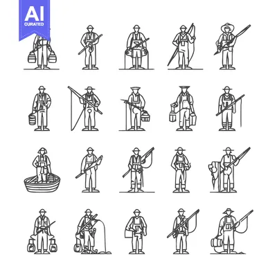 Aset desain premium: Fishermen in Various Poses - A Collection of Line Art Illustrations.