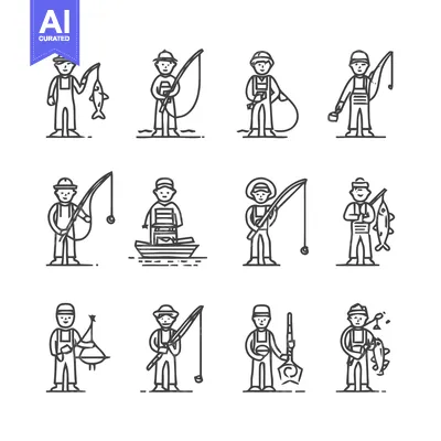 Aset desain premium: Fishermen Icons Set - Fishing, Angling, and Outdoor Recreation.