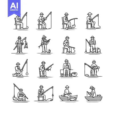 Aset premium populer: Fishermen in Various Poses - A Collection of Fishing Illustrations.