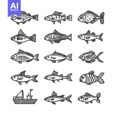Aset desain premium: Collection of hand-drawn fish illustrations and a boat.