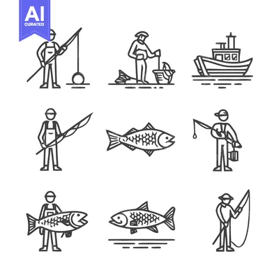 Premium design asset: Fishing Icons - Anglers, Fish, Boats, and Fishing Gear.
