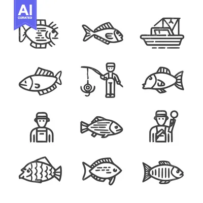 Aset premium populer: Collection of Fish and Fishing Icons for Design.