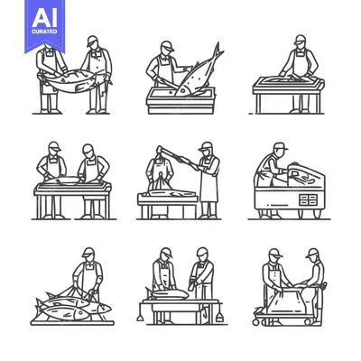 Aset desain premium: Butchers Processing Fish - A Detailed Line Art Illustration.