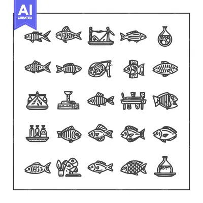 Collection of Fish and Related Objects in Monochrome Style.