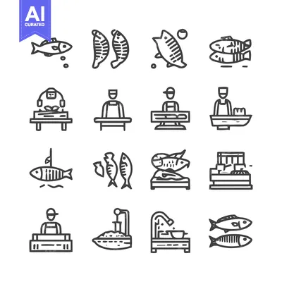 Premium design asset: Fish market icons set, seafood, fishmonger, fishing, catch, sale, shop