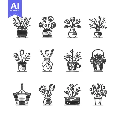 Aset desain premium: Elegant Floral Arrangements in Various Vases and Baskets.