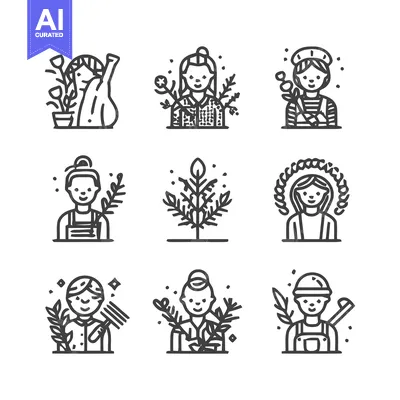 Aset premium populer: Collection of Line Art Gardener and Farmer Illustrations.