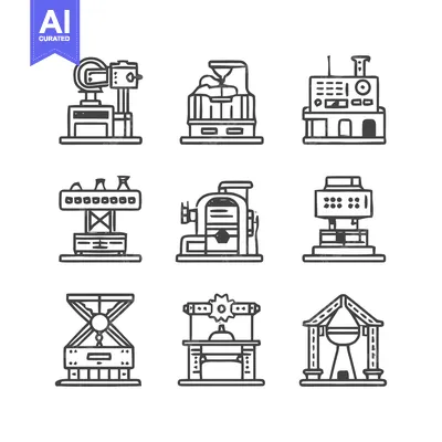 Aset desain premium: Industrial Machinery Icons - A Detailed Line Art Collection.