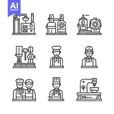 Premium design asset: Industrial Icons - Machinery, Workers, and Culinary Professionals.