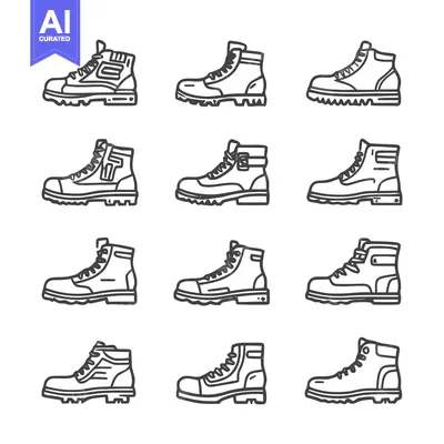 Aset premium populer: Collection of stylish boots in various designs and styles.