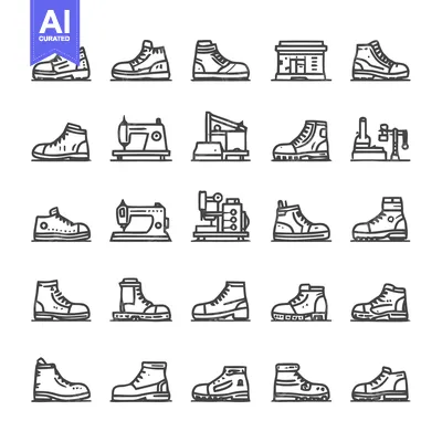 Aset desain premium: Collection of various shoe and boot designs for different purposes.
