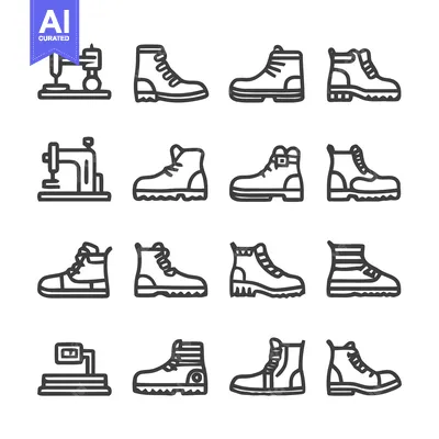 Aset desain premium: Collection of boots and sewing machines, minimalist line art.
