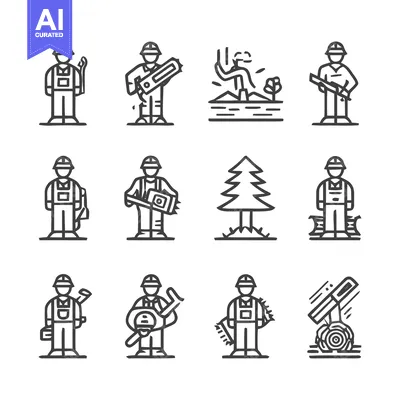 Aset premium populer: Line art illustrations of construction workers with tools and equipmen