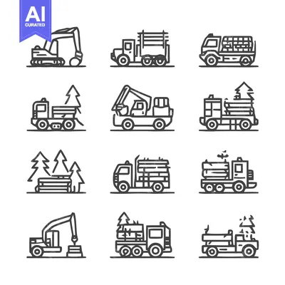 Aset premium populer: Construction and Transportation Vehicles Line Art Icons.