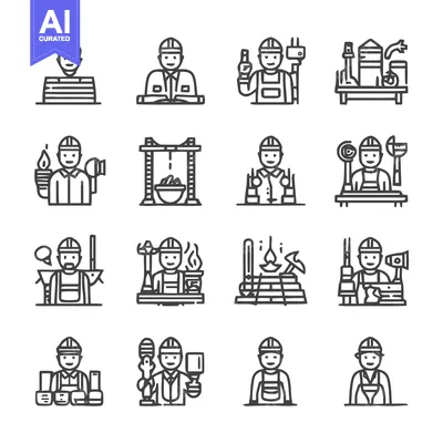 Aset desain premium: Construction Workers - A Collection of Line Art Illustrations.