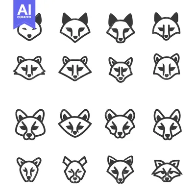 Premium design asset: Collection of Fox and Raccoon Head Icons in Black and White