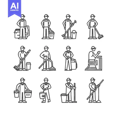 Aset desain premium: Cleaning Crew - Diverse Line Art Illustrations of Janitors at Work.