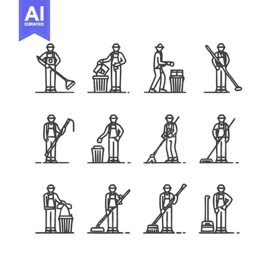 Aset premium populer: Collection of Line Art Illustrations of Sanitation Workers in Action.
