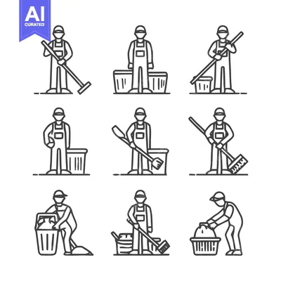 Premium design asset: Cleaning Crew - A Collection of Line Art Illustrations.