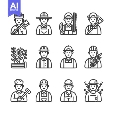 Aset desain premium: Diverse Line Art Illustrations of Various Professions and Occupations.