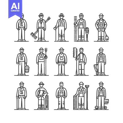 Popular premium asset: Line art of various workers with tools and equipment.