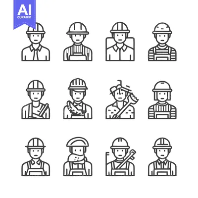 Popular premium asset: Construction workers in hard hats and overalls, line art icons.