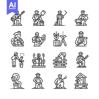 Aset desain premium: Collection of Farmers and Gardening Icons in Linear Style.