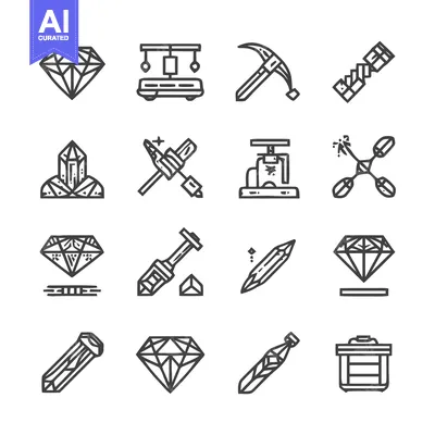 Aset premium populer: Diamond Mining and Gemstone Processing - A Detailed Icon Set.