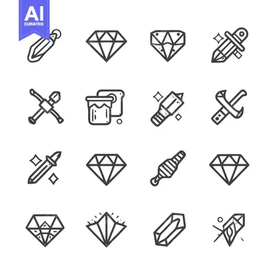 Aset desain premium: Collection of various gem and jewelry icons in a line art style.