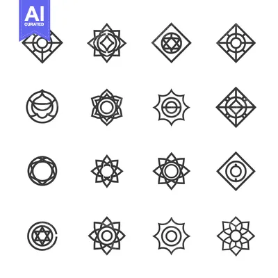 Aset desain premium: Collection of Geometric Black and White Circular and Star-Shaped Line