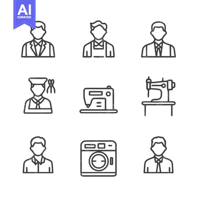 Aset desain premium: Collection of Tailor, Sewing Machine, and Laundry Icons.