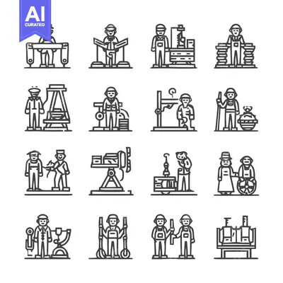 Premium design asset: Collection of various line art illustrations of workers and laborers.