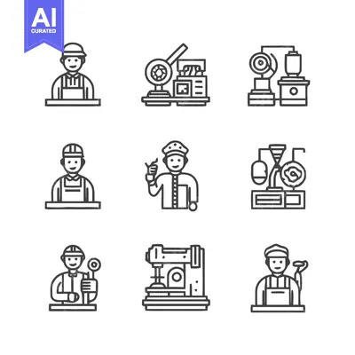 Aset premium populer: Industrial Workers and Machinery - A Detailed Line Art Collection.
