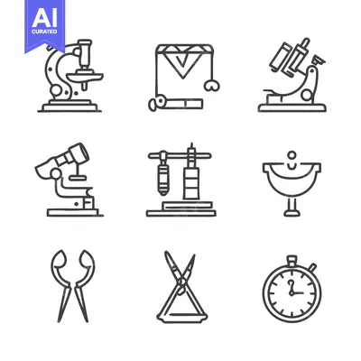 Collection of Science and Laboratory Equipment Icons in Outline Style.