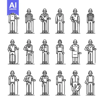 Aset premium populer: Workers in Various Professions - A Detailed Line Art Illustration.