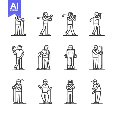 Aset desain premium: Golfing Icons - A Collection of Minimalist Line Art Illustrations.