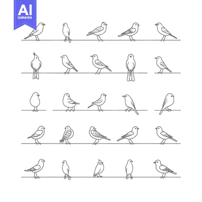 Aset premium populer: Collection of Grey Outline Birds Perched on Wire